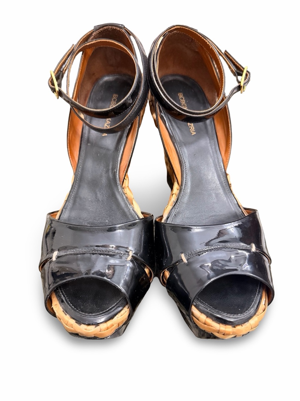 BCBGMAXAZRIA Ma-Dades Black Patent Leather Bamboo Wedge Sandals - Size 8 (EUC) - Picture 2 of 7